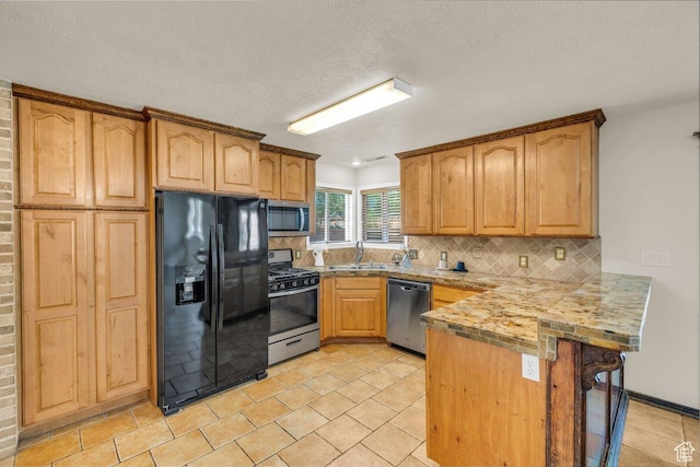 kitchen featuring backsplash, a peninsula, stainless steel appliances, and a sink