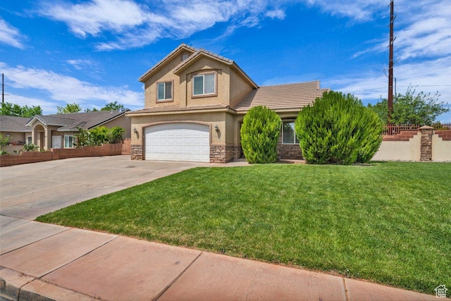 view of front of property featuring driveway, an attached garage, fence, a front yard, and stucco siding