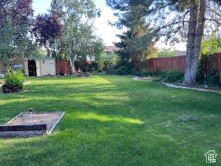 view of yard featuring a storage shed, an outbuilding, and fence