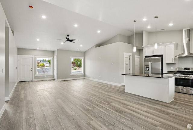 1152 E Smokey Trail Way, Cedar City, UT 84721 - unfurnished living room with light wood-style floors, a ceiling fan, baseboards, high vaulted ceiling, and recessed lighting
