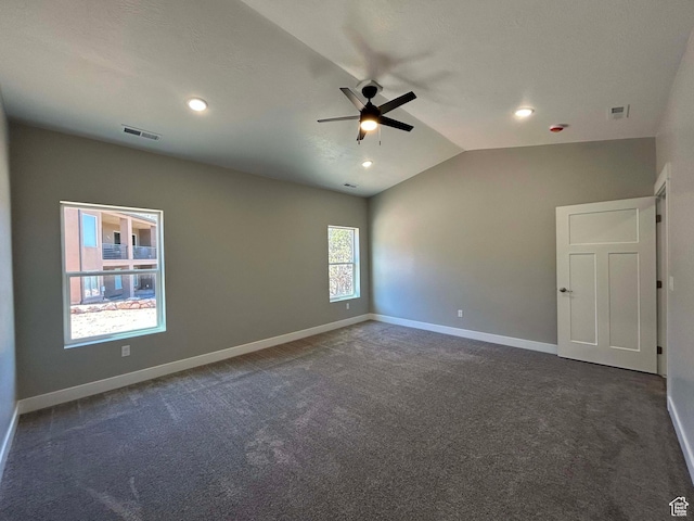 1152 E Smokey Trail Way, Cedar City, UT 84721 - spare room with a ceiling fan, dark colored carpet, lofted ceiling, baseboards, and recessed lighting