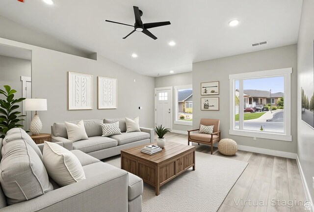1152 E Smokey Trail Way, Cedar City, UT 84721 - living area with a ceiling fan, light wood-style flooring, recessed lighting, baseboards, and vaulted ceiling