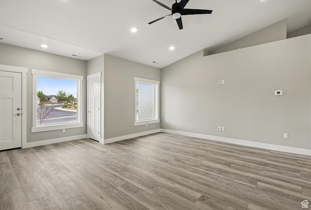 1152 E Smokey Trail Way, Cedar City, UT 84721 - unfurnished living room with plenty of natural light, ceiling fan, recessed lighting, baseboards, and vaulted ceiling