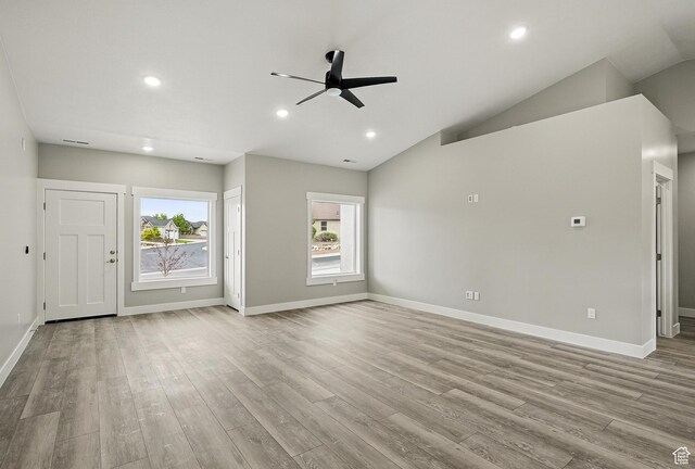 1152 E Smokey Trail Way, Cedar City, UT 84721 - unfurnished living room featuring a ceiling fan, wood finished floors, recessed lighting, baseboards, and vaulted ceiling