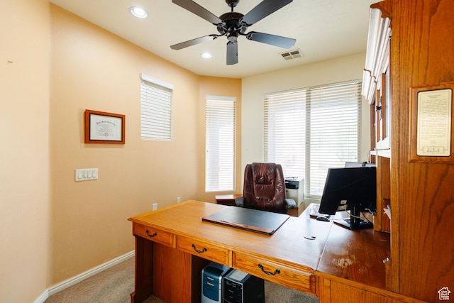 office with recessed lighting, visible vents, a ceiling fan, carpet floors, and baseboards