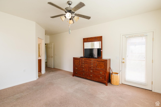 carpeted bedroom with ceiling fan and access to exterior