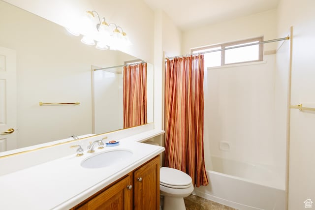 bathroom with shower / bath combination with curtain, toilet, and vanity