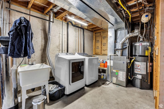 interior space with washing machine and dryer, water heater, and laundry area