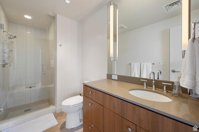 full bath with recessed lighting, tile patterned floors, visible vents, toilet, and a stall shower
