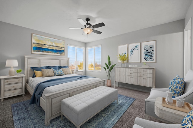 bedroom featuring a ceiling fan and dark carpet
