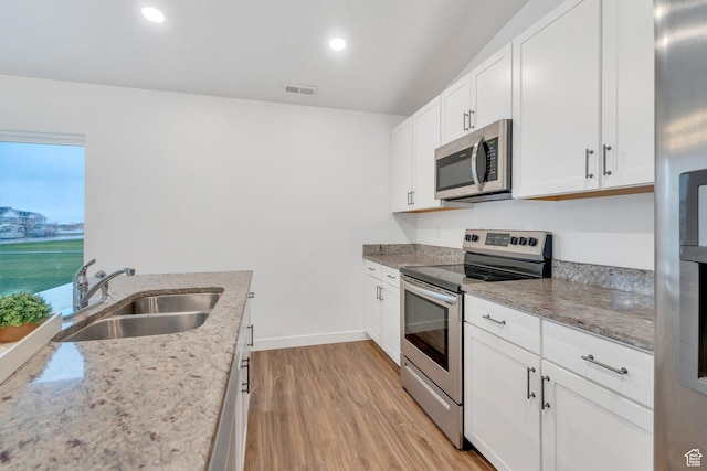 1784 S 360 W, Payson, UT 84651 - kitchen featuring visible vents, a sink, light wood-type flooring, appliances with stainless steel finishes, and white cabinetry