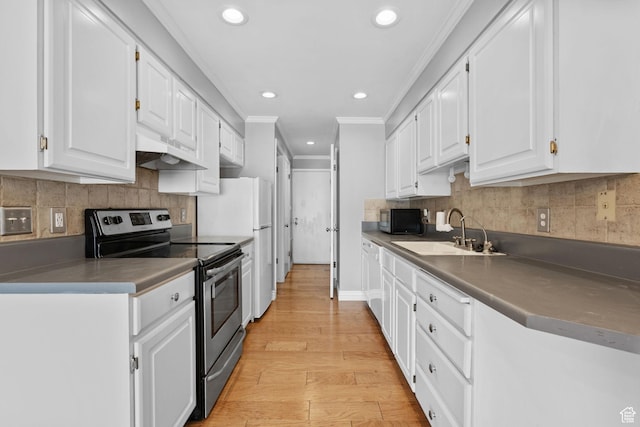 81 W Pheasantbrook Cir N, Centerville, UT 84014 - kitchen featuring a sink, black microwave, electric range, white cabinets, and under cabinet range hood