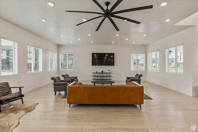 278 N Portside Ln, Saratoga Springs, UT 84045 - living room with a ceiling fan, a textured ceiling, light wood-style flooring, baseboards, and recessed lighting