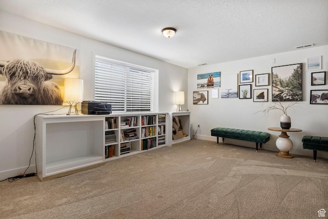 living area featuring a textured ceiling, baseboards, visible vents, and carpet