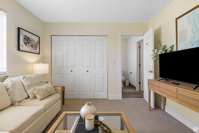 living area with baseboards and carpet flooring