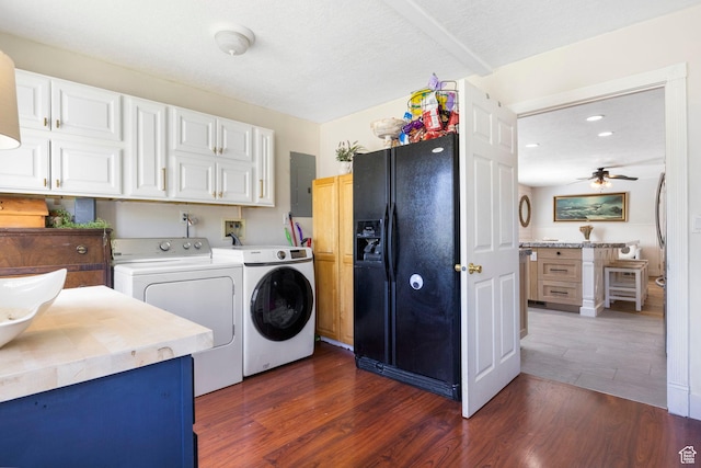 laundry room with a ceiling fan, washing machine and dryer, cabinet space, dark wood-style floors, and recessed lighting