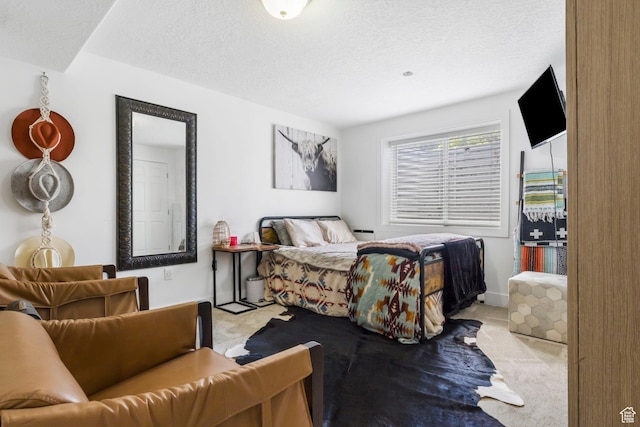 bedroom with light colored carpet, a textured ceiling, and baseboards