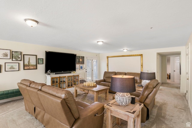 living room featuring light carpet