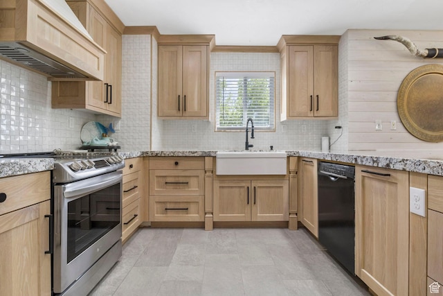 kitchen with dishwasher, a sink, stainless steel electric stove, light brown cabinets, and custom range hood