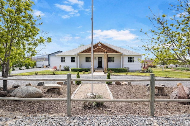 single story home with covered porch and a shingled roof