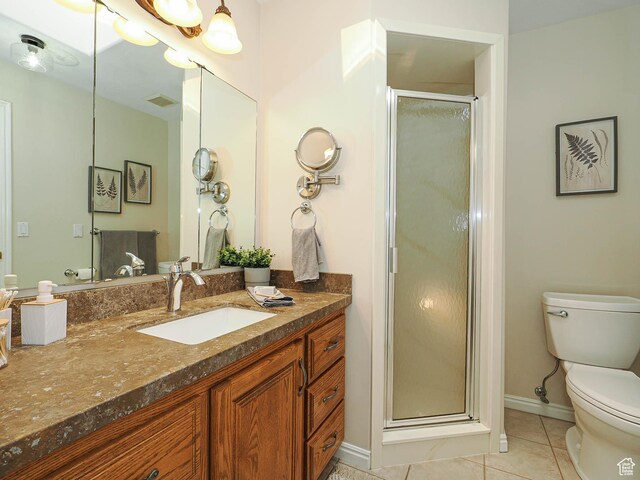 bathroom featuring tile patterned floors, a stall shower, vanity, toilet, and visible vents