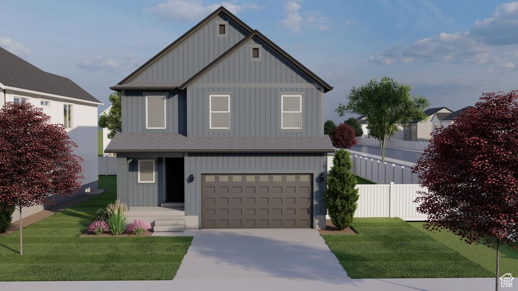 3773 W 950 N Unit 375, Lehi, UT 84043 - view of front facade featuring fence, a garage, board and batten siding, and driveway