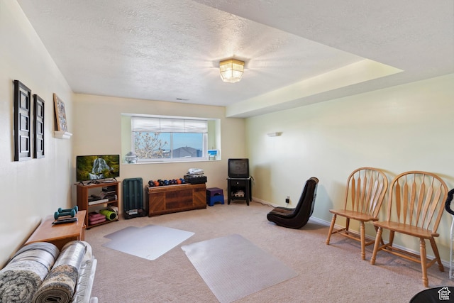 living room with a textured ceiling, baseboards, and carpet