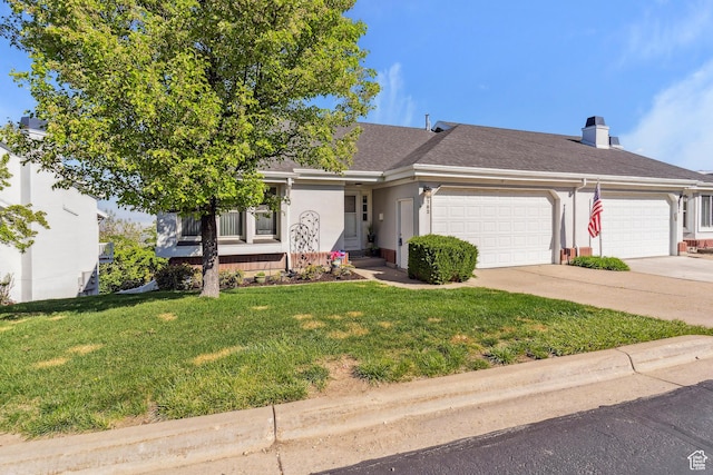 ranch-style home with an attached garage, concrete driveway, stucco siding, a front lawn, and a shingled roof