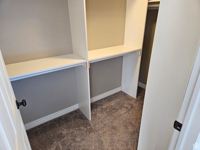walk in closet featuring dark carpet