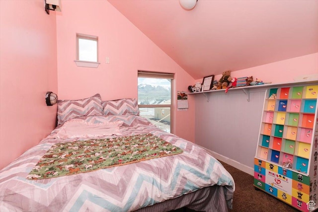 9 W Cedar Ln, Franklin, ID 83237 - bedroom featuring baseboards, carpet, and vaulted ceiling