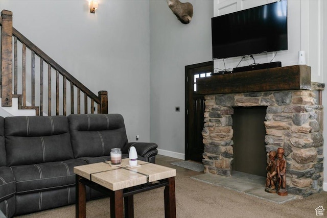 9 W Cedar Ln, Franklin, ID 83237 - living room with stairs, carpet floors, and a high ceiling