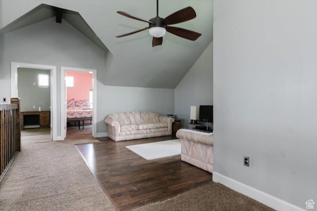 9 W Cedar Ln, Franklin, ID 83237 - living room featuring baseboards, a ceiling fan, wood finished floors, and lofted ceiling