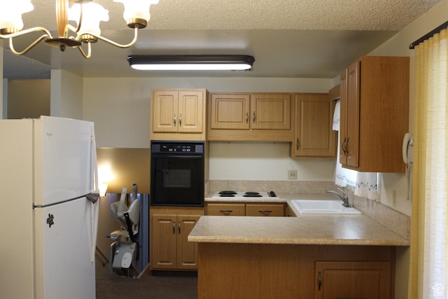 781 Bonneville Way, Tooele, UT 84074 - kitchen with an inviting chandelier, light countertops, a sink, white appliances, and a peninsula
