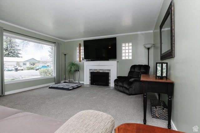 449 S 2nd E, Preston, ID 83263 - living area featuring carpet floors, crown molding, a stone fireplace, and baseboards