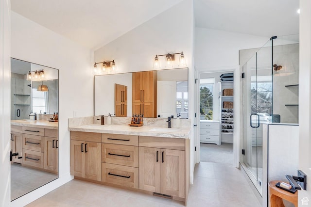 2696 W Red Robin Ct, Lehi, UT 84043 - bathroom featuring tile patterned floors, a sink, a stall shower, double vanity, and visible vents