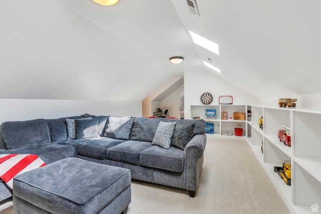 2696 W Red Robin Ct, Lehi, UT 84043 - living area featuring vaulted ceiling with skylight, carpet, and visible vents
