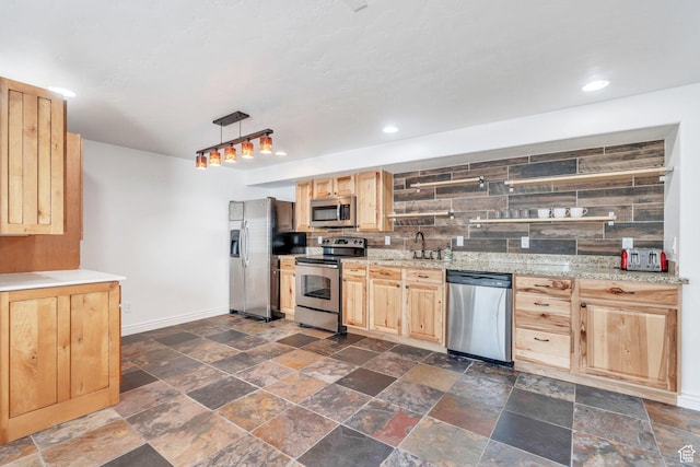 2696 W Red Robin Ct, Lehi, UT 84043 - kitchen featuring open shelves, stone tile floors, light brown cabinetry, and stainless steel appliances