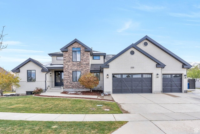 view of front of house featuring concrete driveway, stone siding, an attached garage, a front yard, and stucco siding