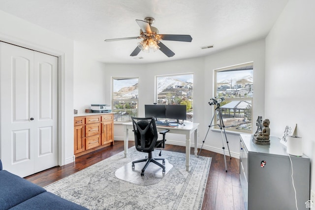 2696 W Red Robin Ct, Lehi, UT 84043 - office area featuring baseboards, a ceiling fan, visible vents, and dark wood-style flooring