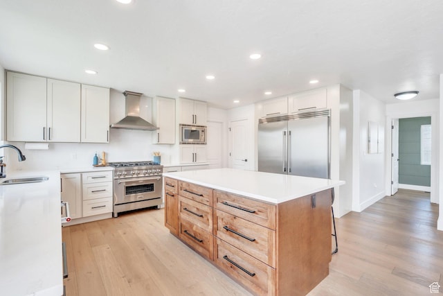 2696 W Red Robin Ct, Lehi, UT 84043 - kitchen with a sink, light wood-type flooring, a kitchen island, wall chimney exhaust hood, and built in appliances