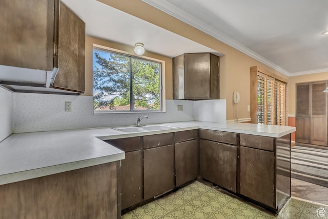 371 E 6770 S, Midvale, UT 84047 - kitchen featuring a sink, light countertops, a peninsula, dark brown cabinetry, and ornamental molding