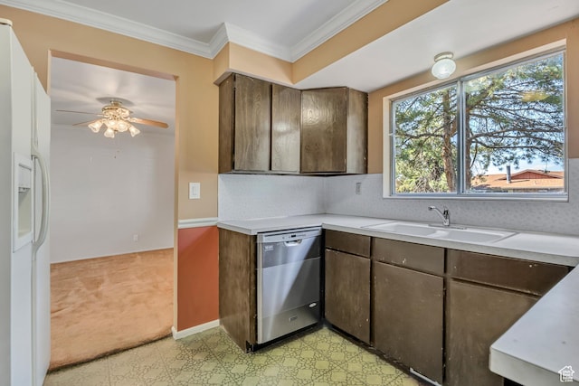 371 E 6770 S, Midvale, UT 84047 - kitchen featuring dishwasher, white fridge with ice dispenser, light countertops, a ceiling fan, and a sink