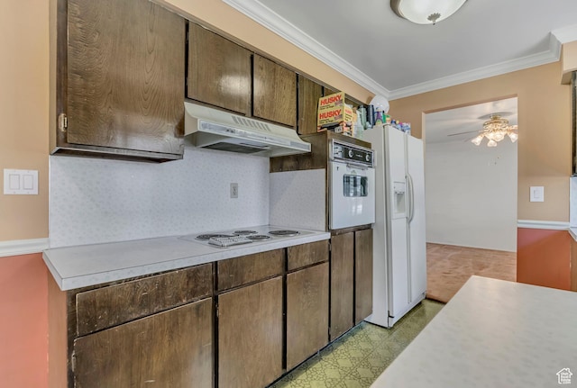 371 E 6770 S, Midvale, UT 84047 - kitchen with under cabinet range hood, white appliances, light countertops, light flooring, and ceiling fan