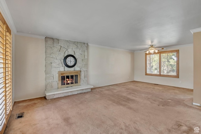 371 E 6770 S, Midvale, UT 84047 - unfurnished living room with carpet floors, crown molding, a fireplace, and ceiling fan