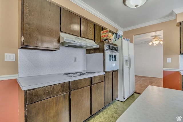371 E 6770 S, Midvale, UT 84047 - kitchen featuring under cabinet range hood, white appliances, light floors, light countertops, and ornamental molding