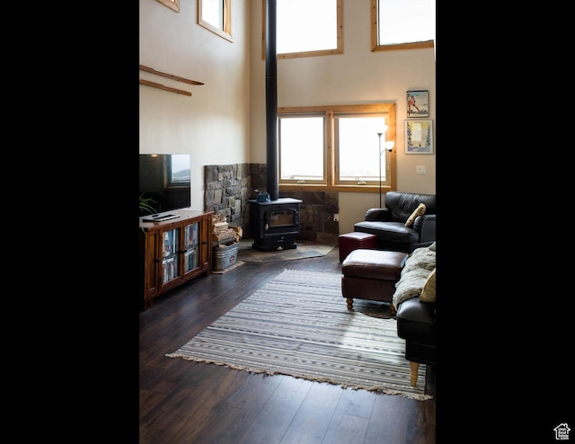 living area with dark wood finished floors and a wood stove