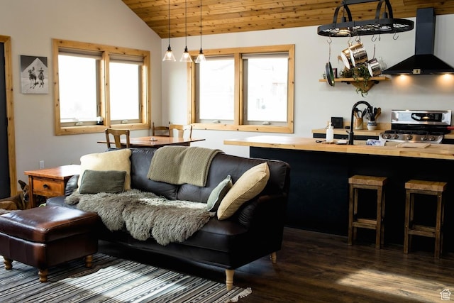 living room with wood ceiling, vaulted ceiling, and dark wood-style flooring