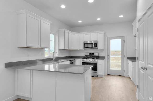 6737 N Tulle Mtn, Eagle Mountain, UT 84005 - kitchen with a sink, stainless steel appliances, light wood-style flooring, a peninsula, and white cabinetry