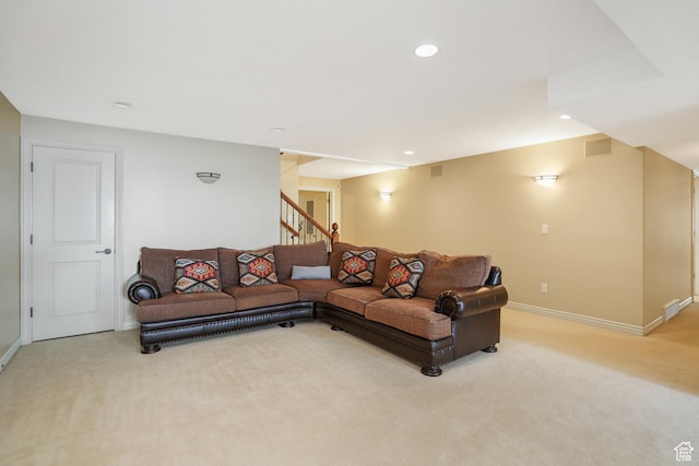 1321 E Farm Hill Dr, Salt Lake City, UT 84117 - living room with light colored carpet, baseboards, recessed lighting, and stairway