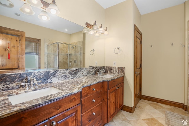1321 E Farm Hill Dr, Salt Lake City, UT 84117 - full bath with double vanity, tile patterned flooring, a stall shower, and a sink
